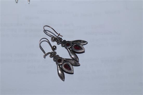 Five assorted pairs of earrings including pietra dura, enamel and gem set bug earrings, a swallow brooch and spider brooch.